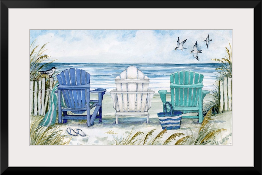 A charming Adirondack beach chair scene captures the relaxation of the coast.