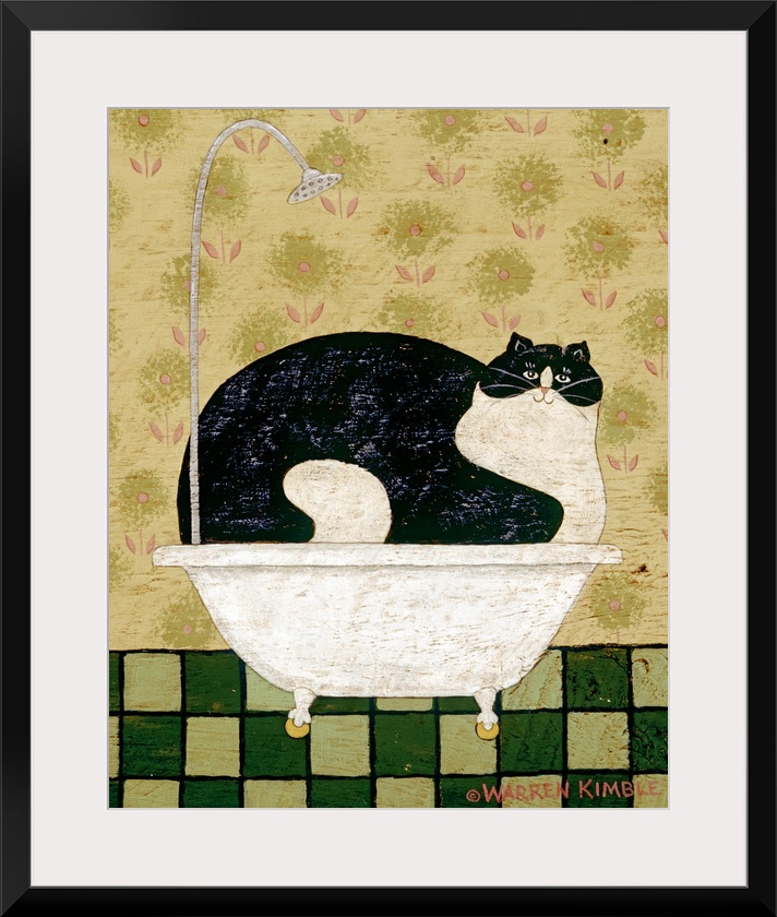 Whimsical country bathroom artwork of a very large cat taking up an entire bath tub with a tiled floor and wall paper behi...