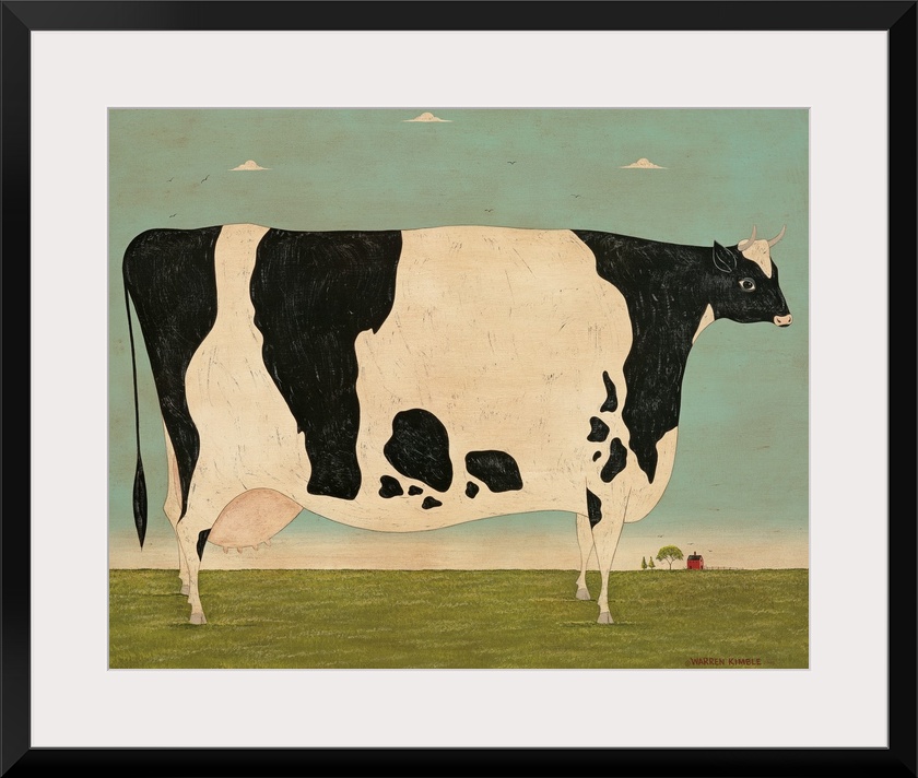 Painting of a very large spotted cow in a green pasture on a Vermont farm.