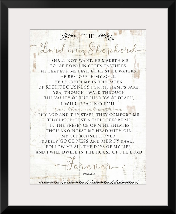 Psalm 23 on a white shiplap wood background.