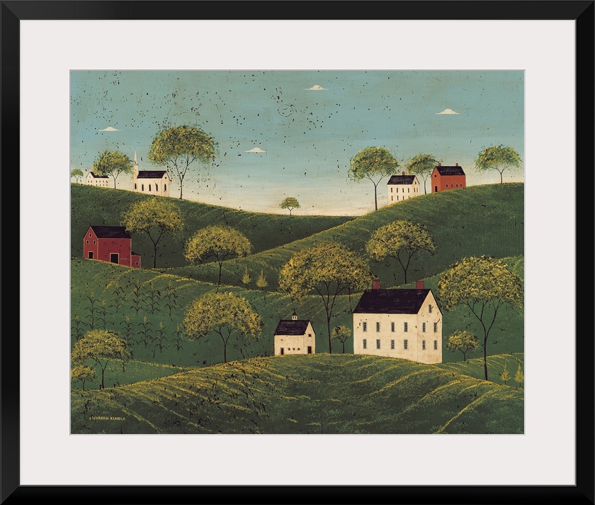 This rustic folk art painting shows Georgian Colonial farmhouses perched on hilltops in the middle of stylized farmland.