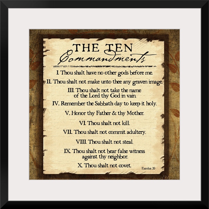 This large square piece lists the ten commandments with a decorative border around them.