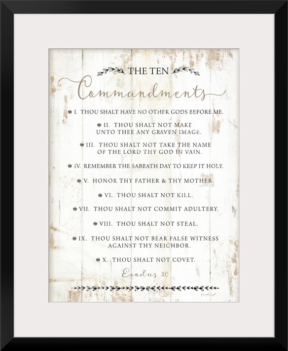 The Ten Commandments on a white shiplap wood background.