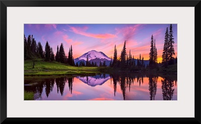 USA, Washington, Mt. Rainier National Park, Tipsoo Lake Panoramic At Sunset