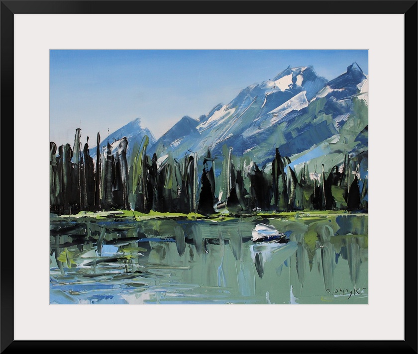 Contemporary palette knife painting of green trees lining a body of water with mountains in the background.