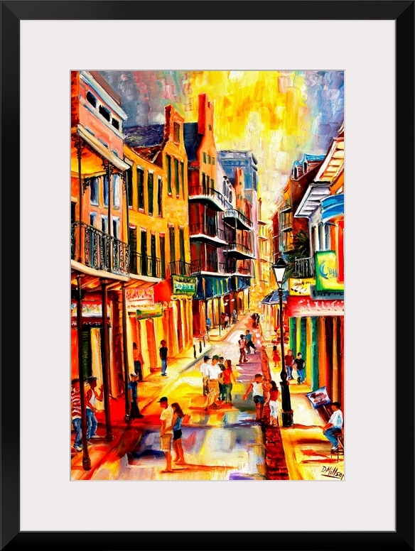 Giant, vertical, contemporary painting looking down a row of buildings on either side of Bourbon Street in New Orleans.  G...