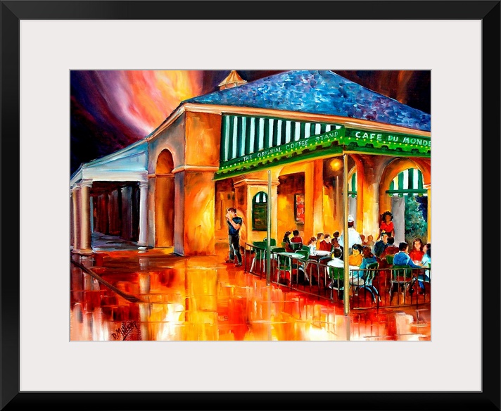 Large painting on canvas of a warm toned cafo with people sitting outside conversing and eating.