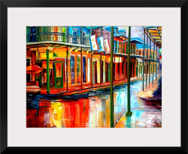 Boldly colored contemporary painting of historic park in French Quarter of New Orleans.  Shops line the wet streets with b...