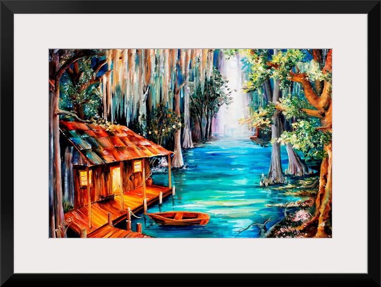 Vibrant contemporary painting of iconic landmarks in New Orleans in bright colors.