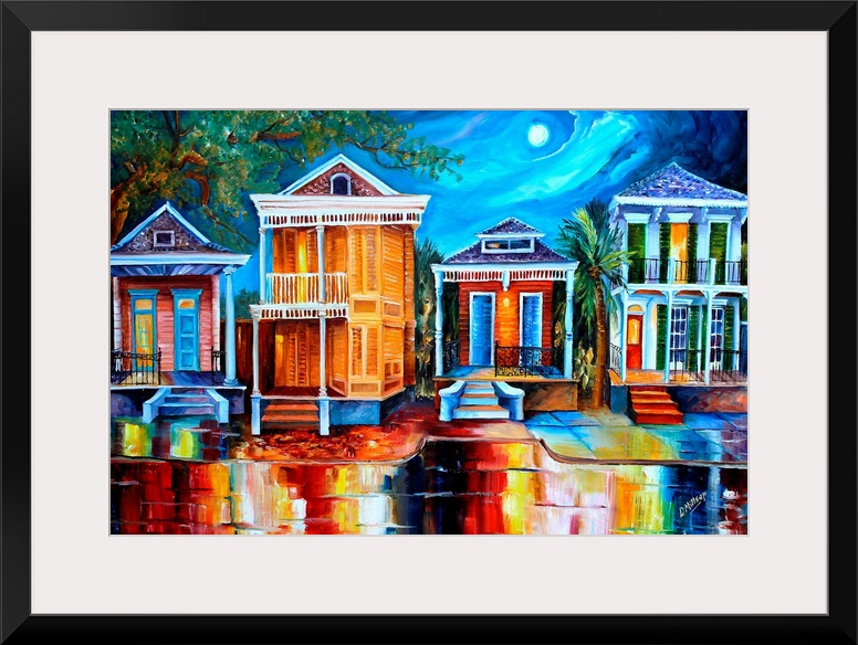 This contemporary nighttime scene features a row of historic shotgun houses in New Orleans. The bright colors of the house...