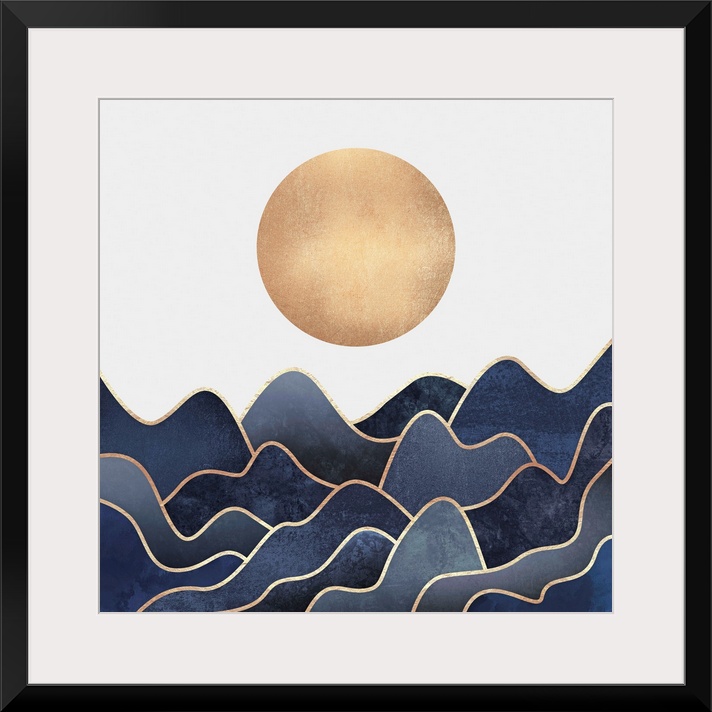 Overlapping, organic trianglular shapes in shades ofblue and indigo outlined in gold, representing a series of mountains u...