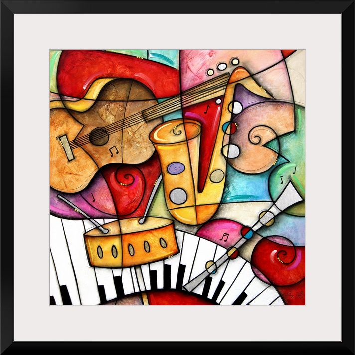 Square artwork on a giant canvas of a grouping of illustrated jazz instruments, including the saxophone, snare drum, bass ...