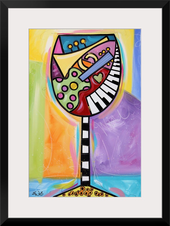 Giant, vertical contemporary painting of a large wine glass full of colorful shapes and musical instruments such as a guit...