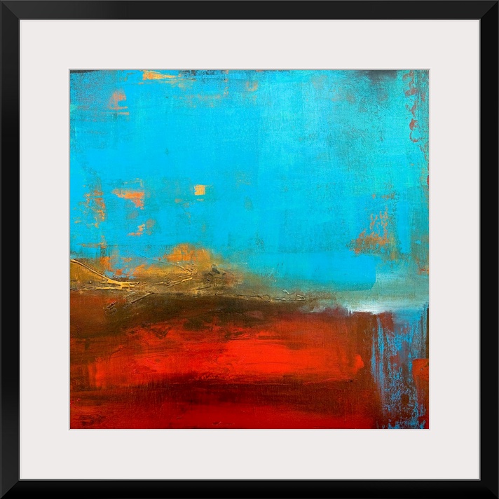 Abstract canvas painting of cool tones meeting warms tones.