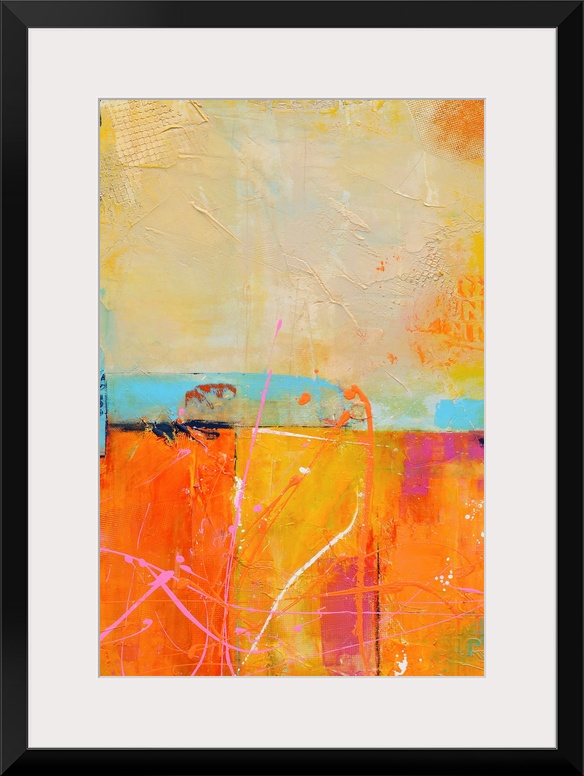 A vertical abstract painting that has a candy color palate with layered textures and colors divided into sections.