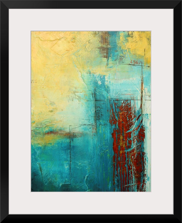 Giant, vertical abstract painting with a variety of textured lines and patches of color, with small, random numbers places...