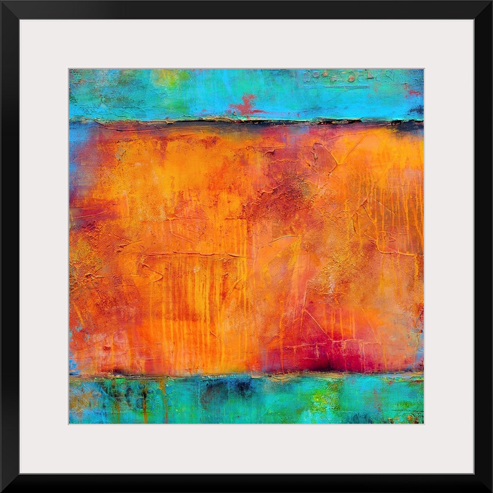 A vividly colored gicloe print of contemporary painting created with building up layers of paint then sanding them down to...