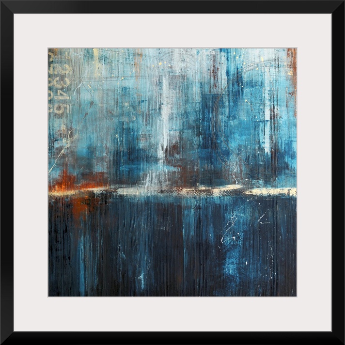 Abstract canvas art of cool tones with heavy brush textures.