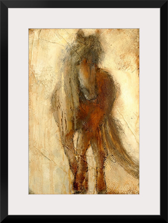 A large contemporary art piece of a horse that includes a lot of texture and warm tones.