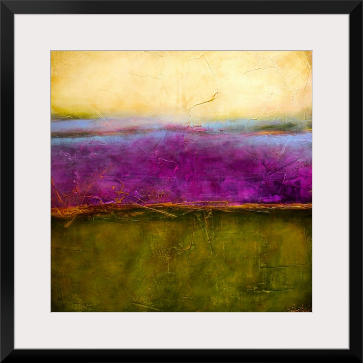 Large square artwork with three large horizontal blocks of color, sectioned apart with smaller patches of color and rough,...