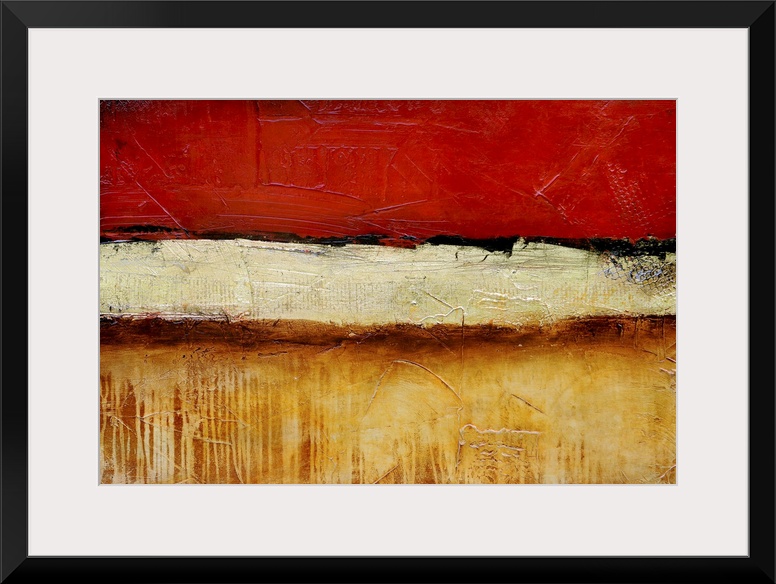 A heavily textured abstract painting of three different painting styles and colors stacked on top of each other.