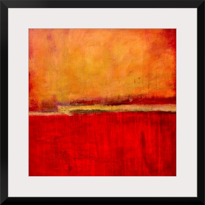 Square abstract artwork in fiery red and orange tones with simple, bold areas of color, resembling a bright sunset.