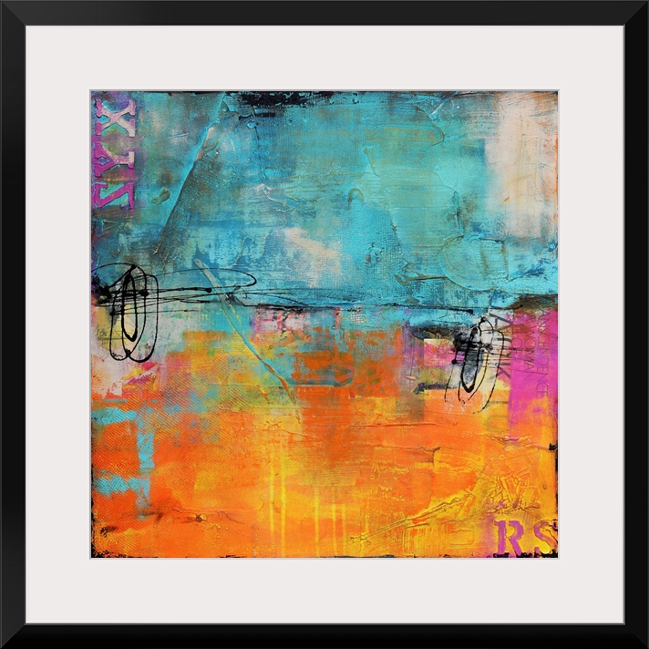Giant abstract art almost evenly broken into two horizontal rectangles composed of two cool tones on the top and a warm to...