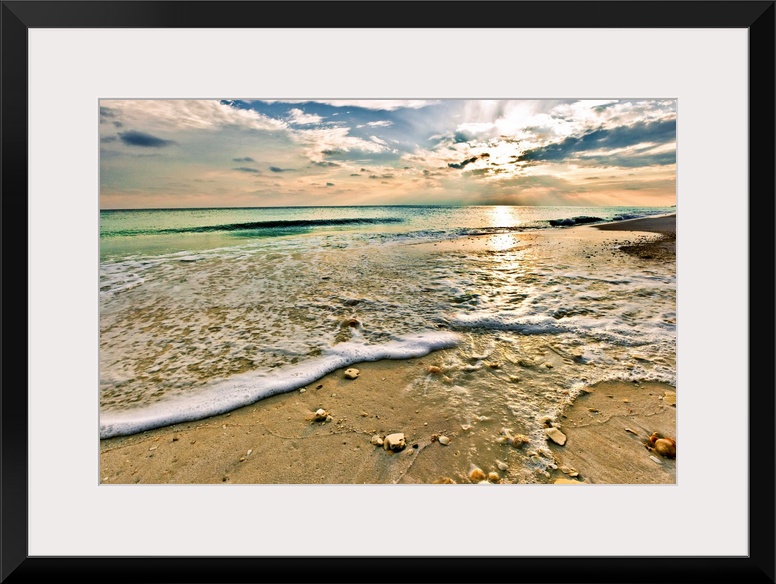 Landscape photography of a beautiful beach sunset with a green seascape. This picture is titled Sea Shells on Beach for th...