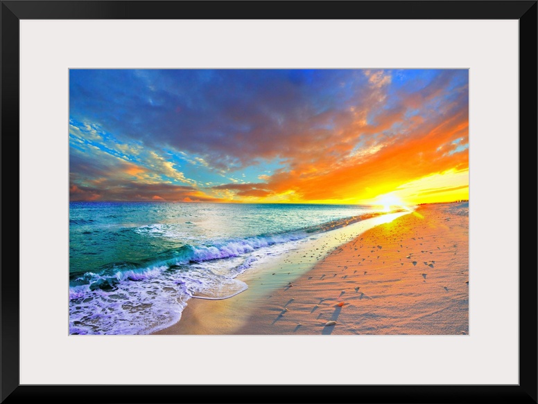 Sea shells cast shadows on the shore next to a turquoise ocean with an orange sunset on the beach.