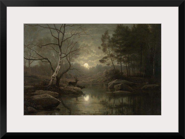 Forest Landscape in the Moonlight, by Georg Eduard Otto Saal, 1861, Dutch painting, oil on canvas. Autumn night scene with...