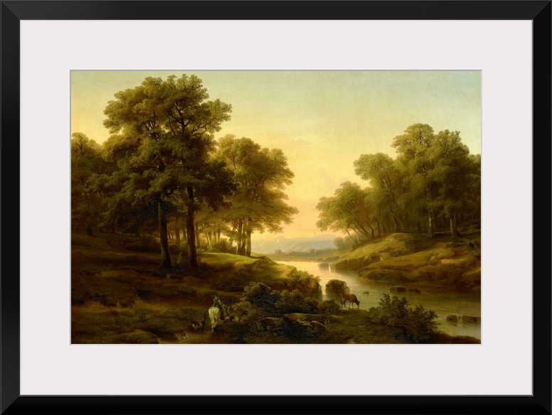 Landscape, by Alexandre Calame, 1830-45, Dutch painting, oil on canvas. Sunset reflected in a river with shepherd on horse...