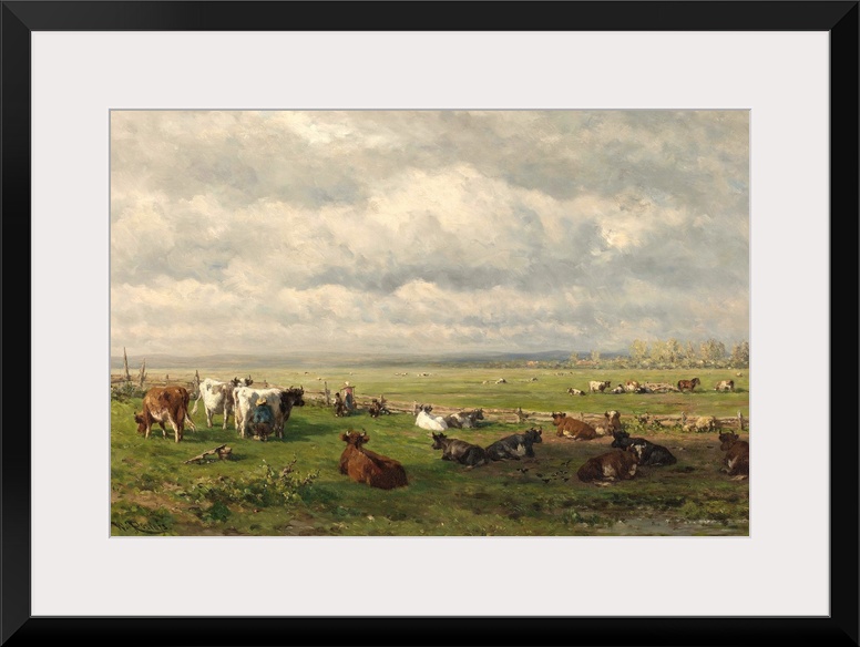 Meadow Landscape with Cattle, by Willem Roelofs 1st, c. 1880, Dutch painting, oil on canvas. Farmer milking cows in the fi...