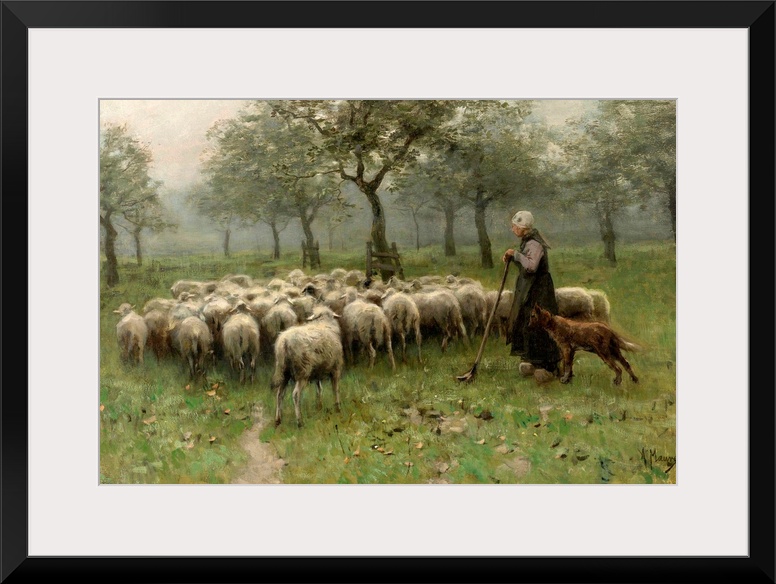Shepherdess with a Flock of Sheep, by Anton Mauve, c. 1870-88, Dutch painting, oil on canvas. Sheep and dogs in an orchard.