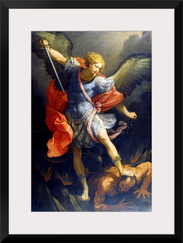 St. Michael the Archangel, by Reni Guido, 1635, 17th Century, originally oil on silk. St. Michael stepping on Devil's head...