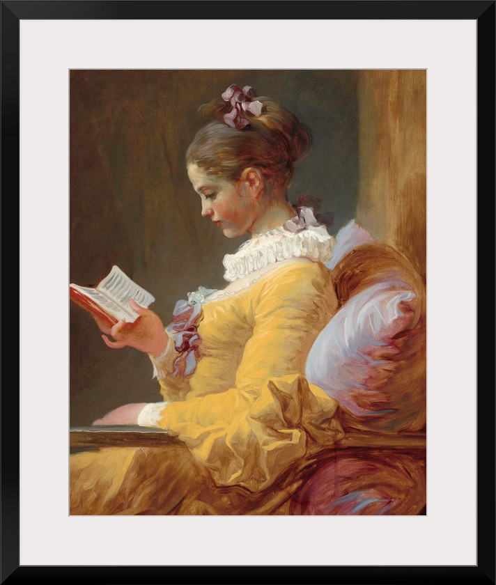 Young Girl Reading, by Jean-Honore Fragonard, c. 1770, French painting, oil on canvas. The girl's dress and cushion are pa...