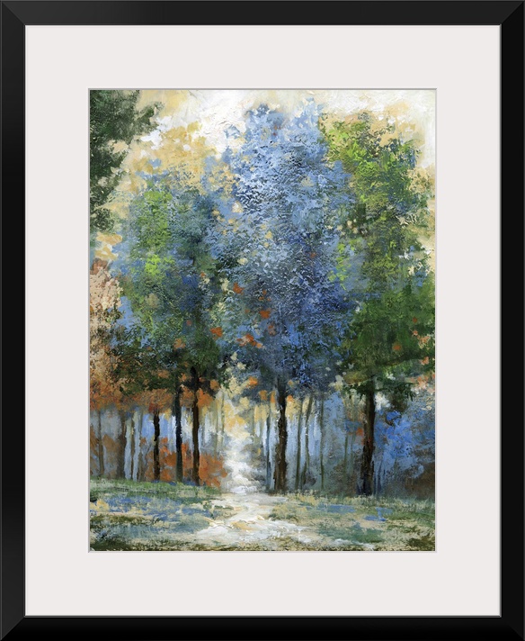 Contemporary artwork of a forest in shades of blue and green with sunlight beaming down.