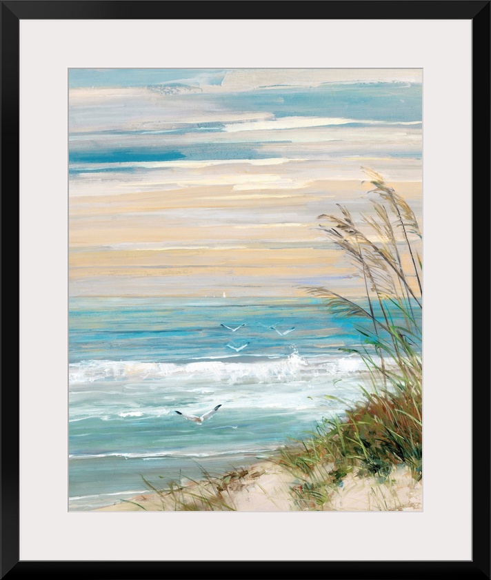 Contemporary painting of a beach scene with crashing ocean waves, beach grass blowing in the wind, flying seabirds, and an...