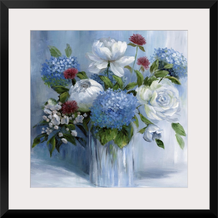 Square still life painting of a floral arrangement with blue tones.