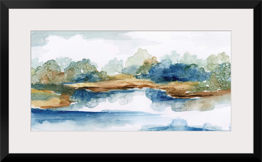 Watercolor landscape painting in cool shades of blue and green.