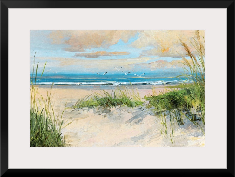 Contemporary painting of a sandy beach with birds flying towards the ocean.