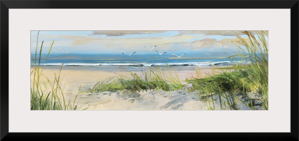 Contemporary landscape painting of grass on a sandy beach at the edge of the ocean.