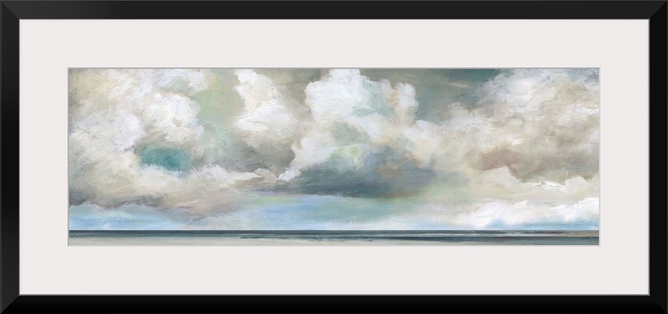 In this contemporary panoramic painting, brisk brush strokes compose white fluffy clouds that drift above a still body of ...