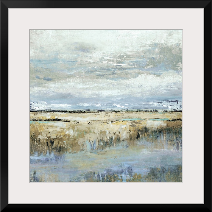 Square abstract painting of a marsh landscape in shades of brown, blue, yellow, and grey.