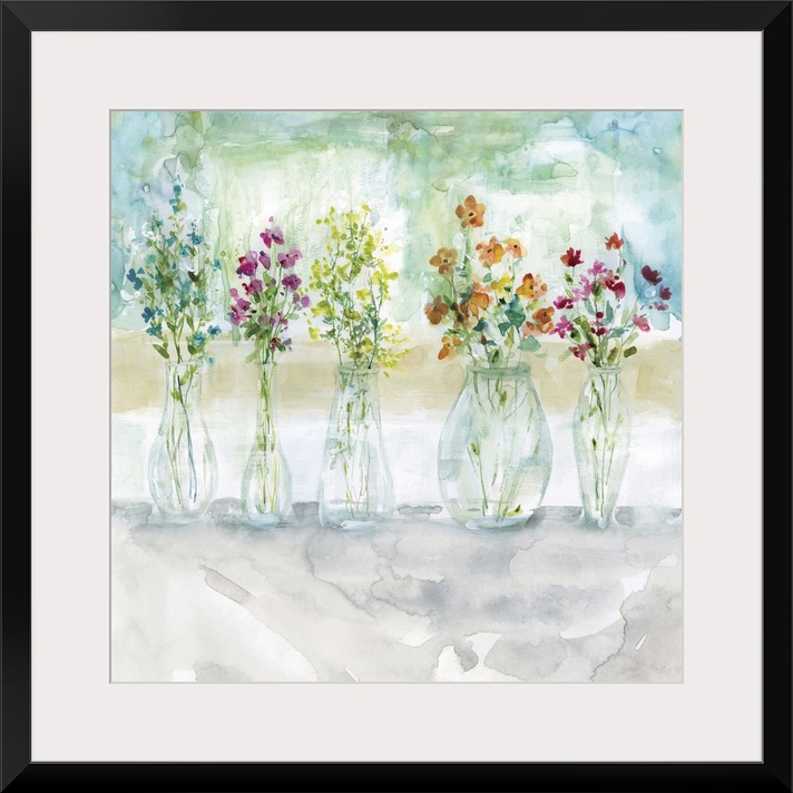 Square watercolor painting of five vases filled with wildflowers.