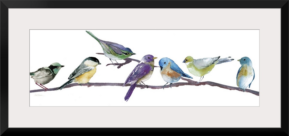 Brightly colored songbirds perched in a row on a branch.