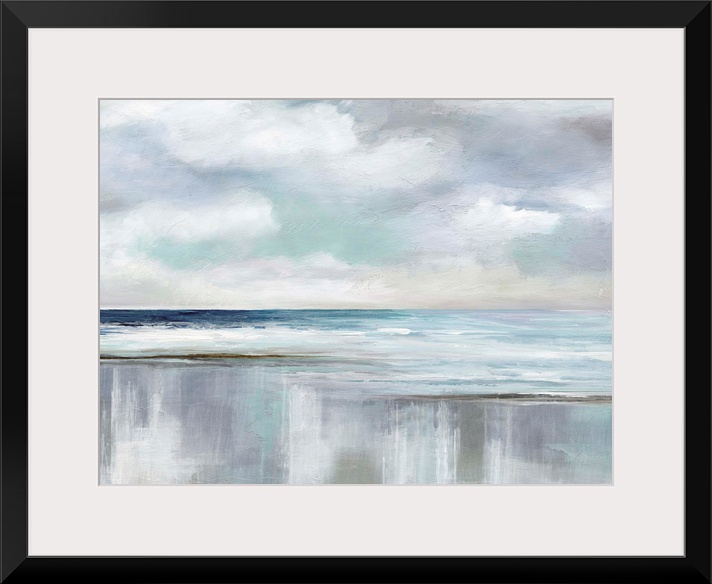 Abstract landscape painting of an ocean with fluffy clouds in the sky using various blues, grays and white colors.
