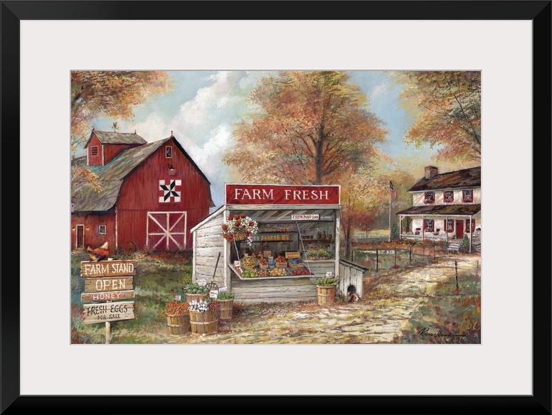 Large contemporary painting of a rural farm stand with a red barn and a house in the background.