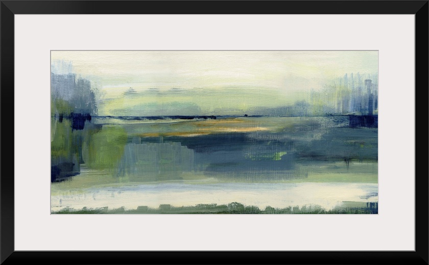Large contemporary painting of an abstract meadow landscape in shades of blue and green with hints of yellow.