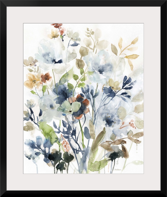 Watercolor painting of wildflowers in earthy colors on a white background.