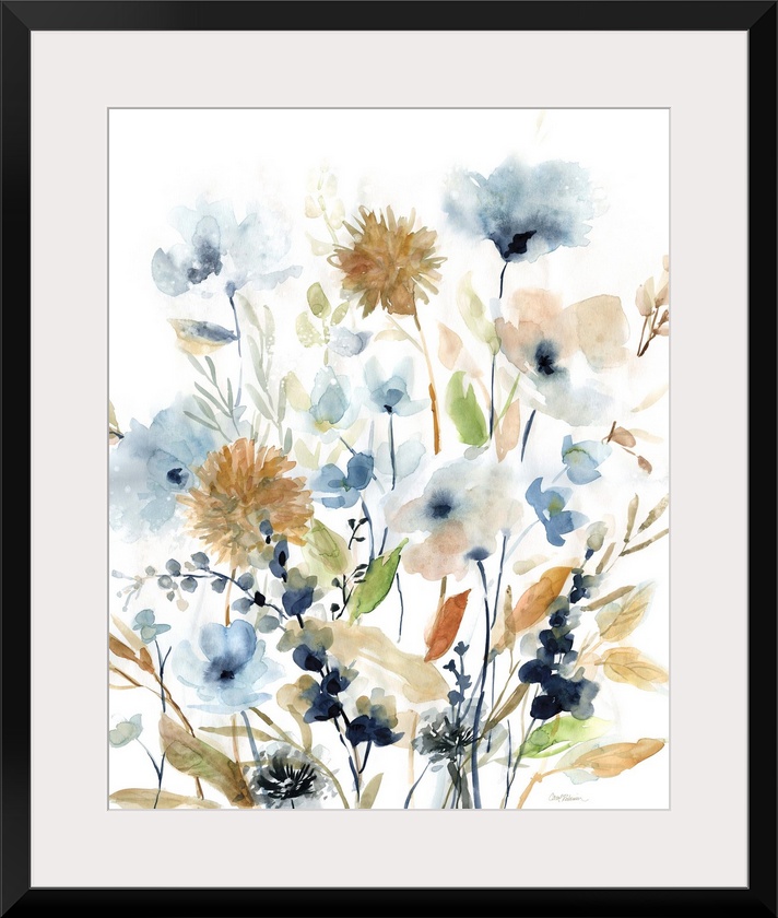 Watercolor painting of wildflowers in earthy colors on a white background.